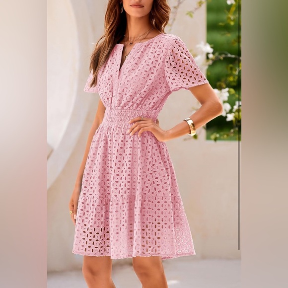 PRETTYGARDEN Short Dress V Neck Short Sleeve A Line Hollow Out Lace Ruffle Dress - Picture 7 of 14